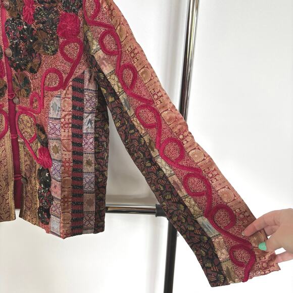 Velvet Patchwork Red Eclectic Witch Charmed Medieval Boho Tapestry Jacket Medium - Picture 6 of 9